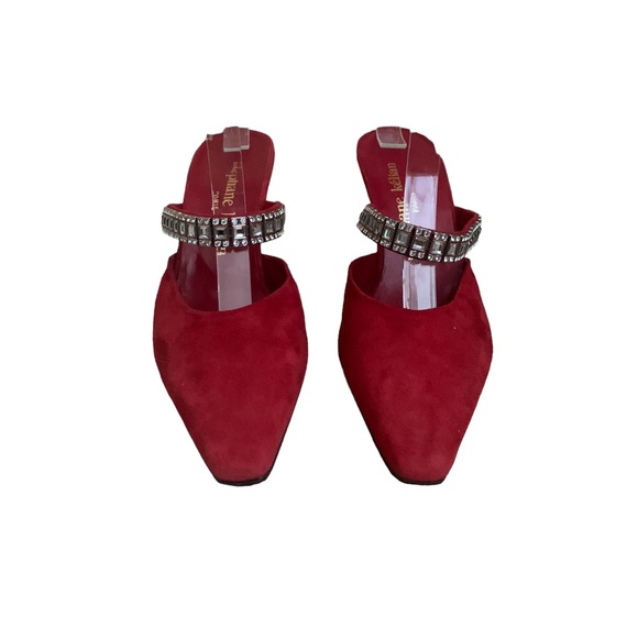 Vintage 90s Stephane Kelian Red Suede Mules Rhinestone Straps sz 8 - Picture 3 of 10